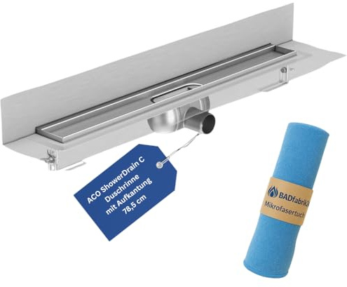 BADfabrik24 ShowerDrain C Duschrinne 78,5 cm – Edelstahl-Rinnenkörper mit Aufkantung hinten, Einbauhöhe 8–12,8 cm – hohe Ablaufleistung – inkl. Mikrofasertuch 40×40 cm