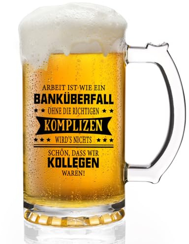 Joymaking Bierglas Kollegen Geschenk - Arbeit ist wie ein Banküberfall, Wichtelgeschenke für Kollegen, Danke Geschenk Mitarbeiter, Lustig Abschiedsgeschenk Kollegen Biermug Bierkrug 0,5L