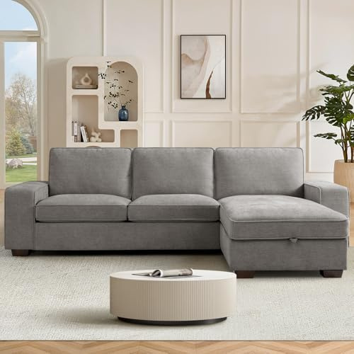 DUANDUAN 250CM Convertible Sektionssofa Couch mit Chaise Lagerung, Moderne L-förmige Reversible Design, Bequeme Chenille Stoff, abnehmbare Kissenbezüge USB Typ-C Ports Wohnzimmer (Light Gray)