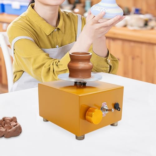 Töpferscheibe Elektrisch, 24W Mini Drehscheibe Töpfern Elektrische Töpferscheibe Maschine mit Drehzahlregler(0-2000 Drehzahl), Töpferscheibe Keramik Rad Maschine für Anfänger Enthusiasten (Gelb)