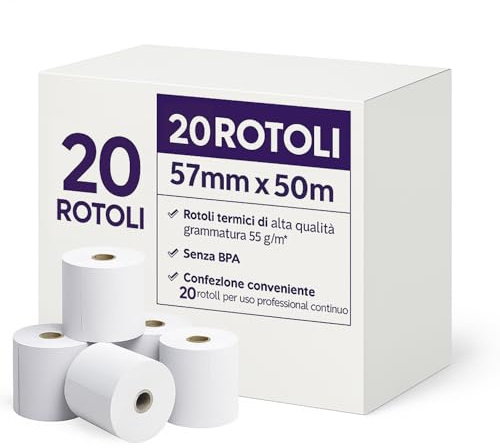 Rotoli Carta Termica 57 mm x 50  m, 55 g/m², Senza BPA, Confezione da 20, Compatibili con POS, Registratori di Cassa, Lettori Carte e Stampanti Termiche, Ricevute, Scontrini, Rotolini