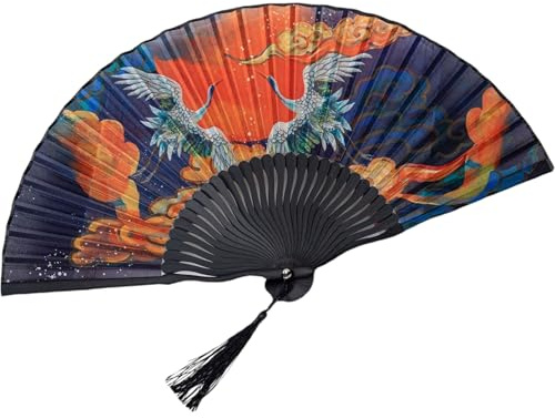 GFM® Bamboo Silk Handheld Folding Japanese Chinese Wooden Wood Hand Fan for Summer, Wedding, Bridal,Foldable (MR-E) (F17-Two Cranes Longevity)(FLSLK-F17-01)