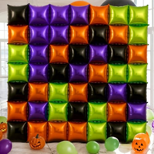 Charnoel 50 Pcs Halloween Balloon Garland Arch Kit Black Orange Green Purple Double Sided Square Foil Balloons Wall Backdrop 19 Inches Tunnel Kit for Halloween Party Background Classroom Decorations