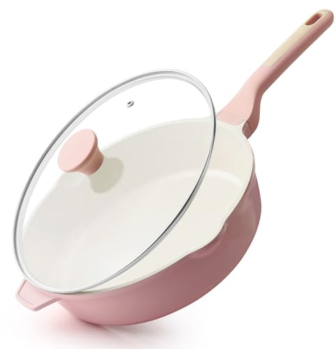SENSARTE Nonstick Ceramic Skillet with Lid 11-inch, 4.5QT Non Toxic Deep Frying Pan, Saute Pan with Lid, Stay-cool Handle, Healthy Cooking Pot, Induction Compatible, Pink