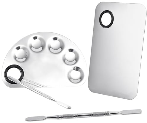 2 Pièces Palette de Maquillage en Acier Inoxydable avec Spatule, Palette de Mélange Cosmétique Professionnelle pour Fond de Teint, Peinture et Nail Art – Argenté