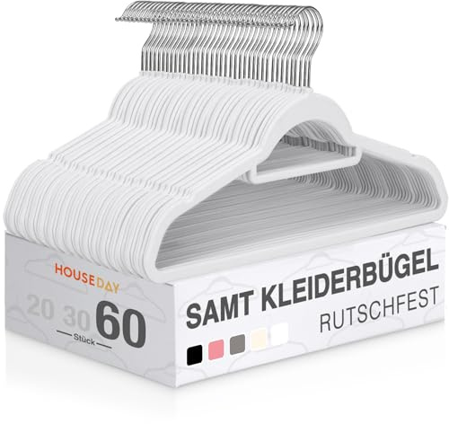 HOUSE DAY Kleiderbügel Samt, 60er Set, Premium Bügel, Kleiderbügel Platzsparend und rutschfest Samtbügel mit 360° drehbarer Haken für Hemden, Anzüge, Pullover, Hosen, Weiß