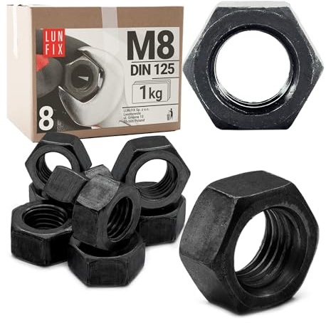 Lun Fix Sechskantmutter M8 – 1 kg (ca. 177 Stück) DIN 934 Stahl schwarz galvanisch verzinkt Klasse 8 metrisches Regelgewinde Mutter für Gewindestangen Schrauben Metallbau Holzbau Zaun Montage