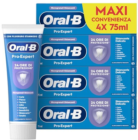 Oral-B Dentifricio Pro-Expert Sbiancante Delicato Sapore Menta Verde, 4 Dentifrici, Pulizia Denti Efficaci,Confezione 4x75ml MAXI CONVENIENZA