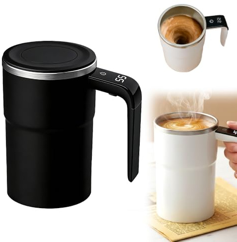 Automatic Magnetic Stirring Coffee Mug with Temperature Display, Rechargeable Self Mixing Cup for Milk Tea, Self Stirring Mug with Lid, Stainless Steel Material Suitable for Coffee, Milk (Black)