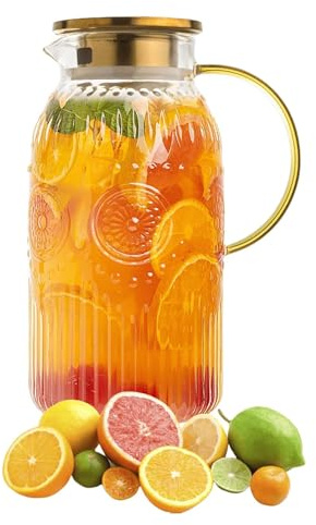 Glaskaraffe Mit Deckel 2 Liter, Edelstahl Deckel und Tropffreier Ausguss, moderne Glaskaraffe für Selbstgemachte Getränke, Eistee, Kaffee, Milch, Wein