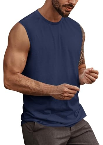 Runcati Mäns tanktopp ärmlös muskelskjorta sommar bomull undertröja sport fitness bodybuilding skjortor normal passform andningsaktiv träning armhålor skjortor, Mörkblå, XL