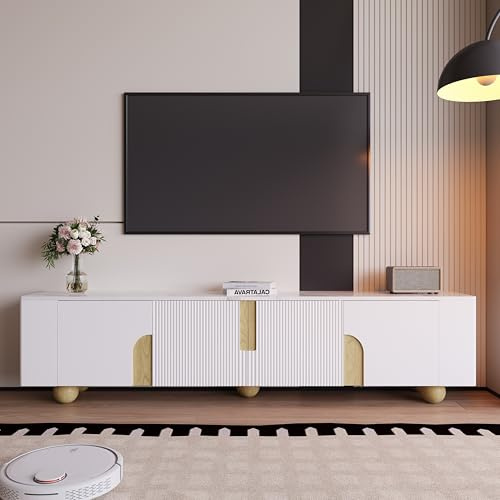 Mueble TV Con MDF Y Tablero De Partículas, 4 Puertas Con Gran Almacenamiento, Diseño Elegante Con Superficie Tipo Mármol, Para Sala De Estar Y Dormitorio, Blanco Y Detalles De Madera, 180x40x44cm