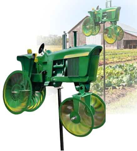Green Tractor Wind Spinner Stake Outdoor with Rotating Wheels, Green Tractor Windmill Stake,Garden Windmill Ground Stake Decor for Yard and Lawn Outdoor Ornament