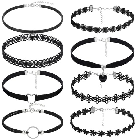 Gsbnjuy 8 Pcs Choker Necklace for Women Black Necklaces Gothic Lace Choker Adjustable Layered Velvet Classic for Punk Goth Jewelry Clothes Halloween Cosplay Accessories