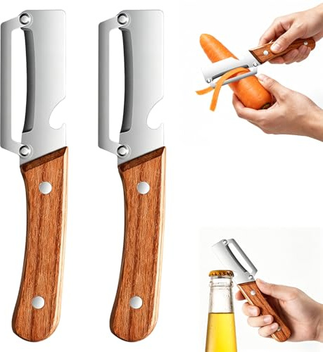 Trywise Set da 2 Pelapatate Multiuso per Frutta e Verdura – Lama in Acciaio Inox e Manico in Legno Naturale, 2 in 1 con Apribottiglie Integrato, Utensile da Cucina Ergonomico e Robusto
