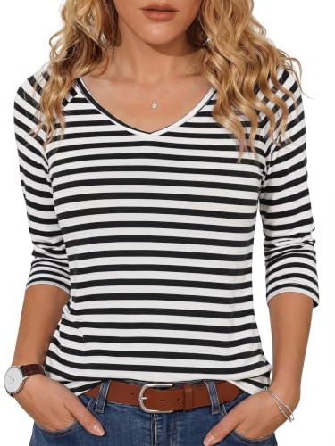 Terecey Tee Shirt Femme Manches 3/4 Col V Haut Rayé Basique Casual | Toucher Doux et Respirant, Tombé Fluide, Motif Marin Intemporel, Liberté de Mouvement, Bureau, Voyage et Vacances