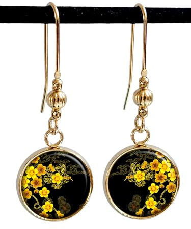 Boucles d'oreilles fleurs jaunes Sakura japonaises sur fond noir Or