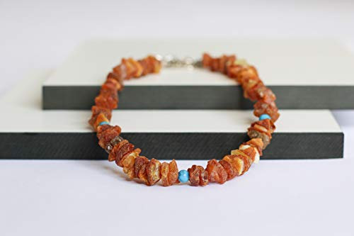 Bernsteinkette für Hunde aus Roh Baltischer Bernstein mit türkis Beads verziert | Zeckenhalsband | Bernstein Gegen Zecken | Zecken und Flohschutz Halsband (40-45 cm)