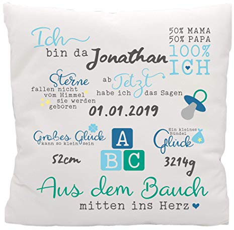 Kilala Kissen zur Geburt oder Taufe personalisierte Geschenkidee 40 x 40cm Jungen Sprüchen Namenskissen Baby Kissen
