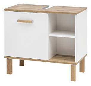 Schildmeyer Waschbeckenunterschrank Padua 142176, weiß Glanz/Eiche Landhaus Dekor, 65,2 x 35,0 x 60,1 cm