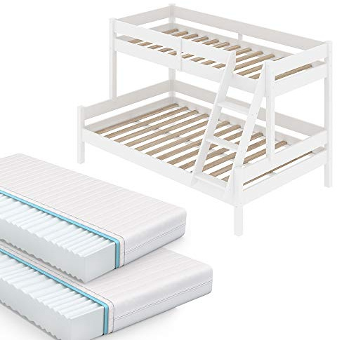 VitaliSpa Etagenbett Everest, Weiß, 120x200 / 80x200 cm | mit 2 Matratzen, mit integrierter Treppe und stabilem Lattenrostsystem
