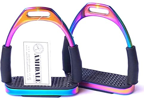 Amidale RAINBOW FLEXI SAFETY STIRRUPS HORSE RIDING BENDY IRONS S. STEEL BNWT 4.00 INCHES AND 4.75 INCHES (5.00 INCHES)