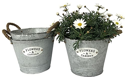 OF 3 runde Blumentöpfe, Eimer aus Zink und Schriftzug “Flowers & Garden“ - Garten Blumentopf Set (3 große Eimer P21)
