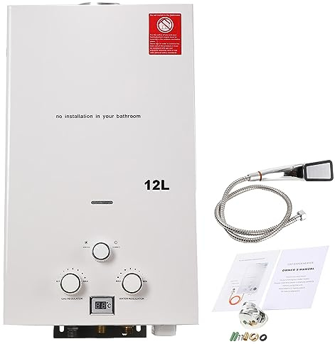 ECUTEE 12L 24KW Scaldabagno a gas di petrolio liquefatto Scaldabagno a gas propano/GPL, Scaldabagno istantaneo senza serbatoio con kit doccia, Per docce da esterno, bianco