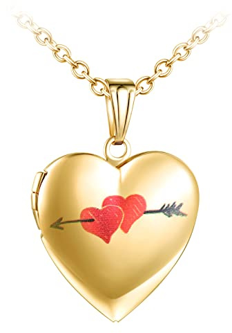 Yumilok Personalisierte Fotokette, Halskette mit Herzanhänger, Medaillon aus Edelstahl, Anhänger zum Öffnen mit Foto Lock, mit Kette 50 cm, Gedenkkette aus Gold