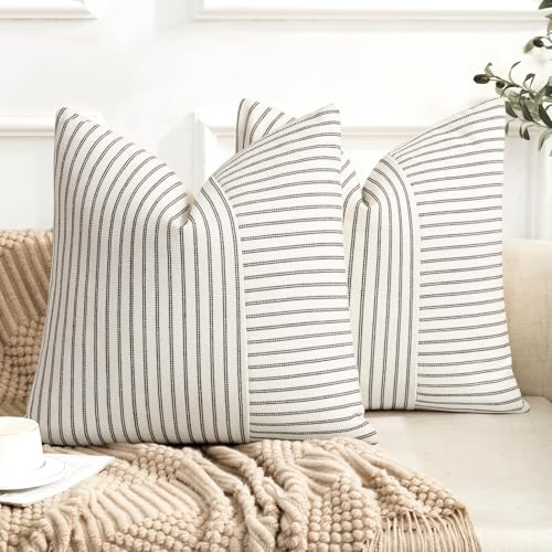 YCOLL 2er Set Kissenbezug 50x50 Baumwolle Leinen Kissenhülle Sofakissen Streifen Dekokissen Boho Deko Kissenhüllen Dekorativ Kissenbezüge für Sofa Wohnzimmer Schlafzimmer Outdoor Kissen 50x50 Black