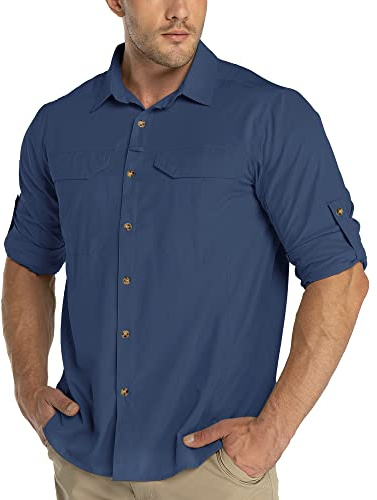 33,000ft Camisa funcional para hombre UPF50+ protección UV, manga larga, transpirable, con botones, para exteriores, deportiva, informal, camisa de pesca para hombres, azul oscuro, M