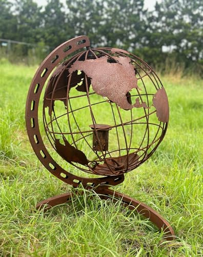 Edelrost Weltkugel Globus XXL 120cm mit Feuertopf Metall Gartendeko Rost von Steinfigurenwelt