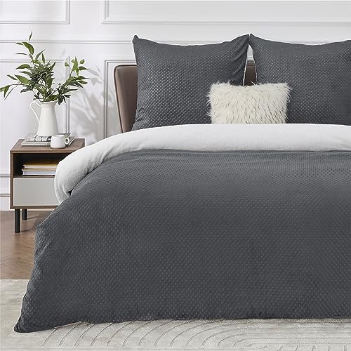 BEDSURE Flauschige Bettwäsche 155x220 Grau - Winter Bettbezug Fleece mit 2 Kissenbezüge 80x80 cm, Warme Bettwäsche-Sets mit Reißverschluss, Waffelpique Winterbettwäsche Anthrazit für Doppelbett