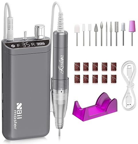 Kredioo 10 in 1 Nail Drill Kit, 35000RPM Rechargeable Electric E File, 8 Hours Battery, Manicure Pedicure Acrylic Gel Removal, Shaping for Beginner, Training, Nail Salon, Home Use, Grey