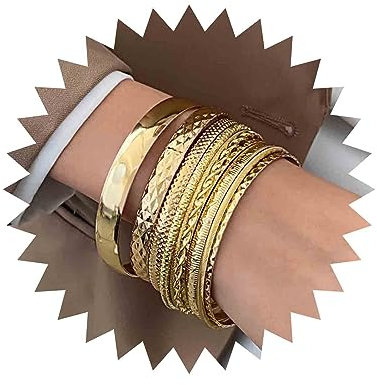 Aneneiceera Punk-Armreif-Set, goldfarben, klobiger Armreif, Metall-Armreifen, mehrlagiger strukturierter grober gehämmerter Armreifen, breiter, Schmuck für Frauen und Mädchen, 10 Stück (Gold)