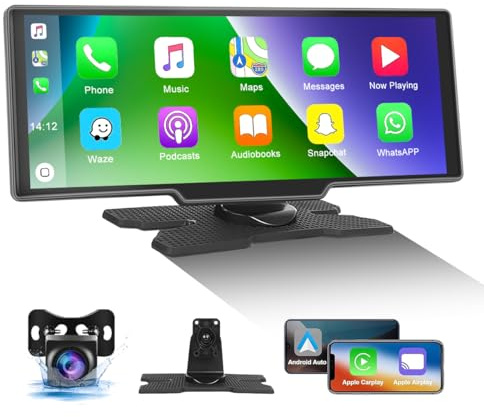 CAMECHO Wireless Carplay Android Auto für Auto (7-32V)，10.26 Zoll Display Tragbar mit Apple Airplay/Android MirrorLink/Siri/Google/Bluetooth/FM Transmitter/AUX/TF+Rückfahrkamera