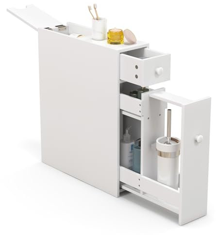 KOMFOTTEU Nischenschrank Nischenregal Holz, schmaler Badezimmerschrank mit 2 Schubladen, Aufbewahrungsschrank Badezimmersäule, Seitenschrank für Küche Badezimmer 16x48x58cm (Weiß)