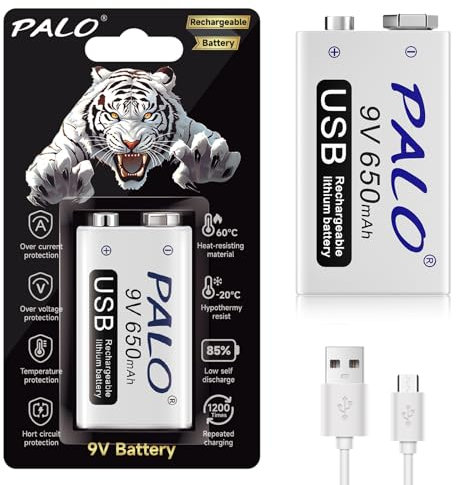 Mspalocell Batteria litio 9V 650 mAh, confezione 4, batteria blocco 9V stampa tigre, ricarica rapida 1500+ cicli, ricaricabile con micro cavo USB e indicatore carica, batteria 9V bassa autoscarica (2)