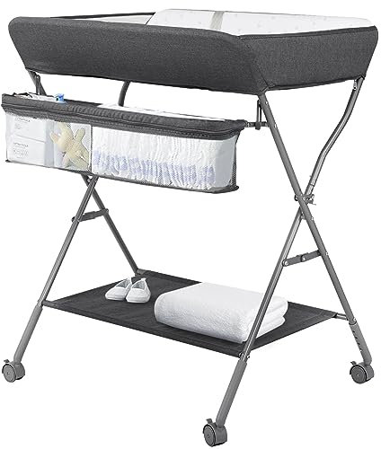 Maydolly Table à langer pour bébé avec roues, station à langer pliante portable à hauteur réglable avec organiseur de pépinière et support de rangement pour nouveau-né et nourrisson (gris foncé)