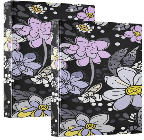 Notizbuchordner mit runden Ringen, 3,8 cm, mit Taschen, 1/2er-Pack, Schulhefter, Hardcover, 2 Stück, schwarz, lila, gelb, Cartoon-Blumen, Gänseblümchen