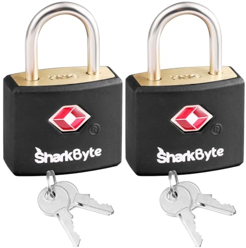 SharkByte TSA bagagelås med nycklar [2-pack], viktiga reselås, hänglås för bagage, små nycklade mässing lås för gym, laptopväskor, resväskor, ryggsäckar, resväskor dragkedjor
