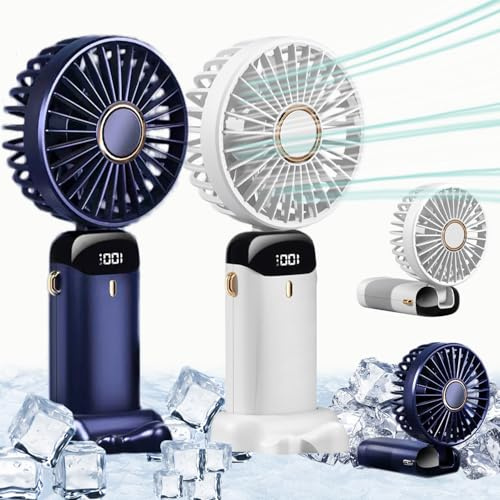 VGJK 2 Pack Handheld Fan,Battery Operated Portable Fans,5 Speeds Personal Fan with Base,Ajustable USB Rechargeable Hand Neck Desk Fan Mini Fans for Outdoor Indoor Office(1*Blue+1*White)
