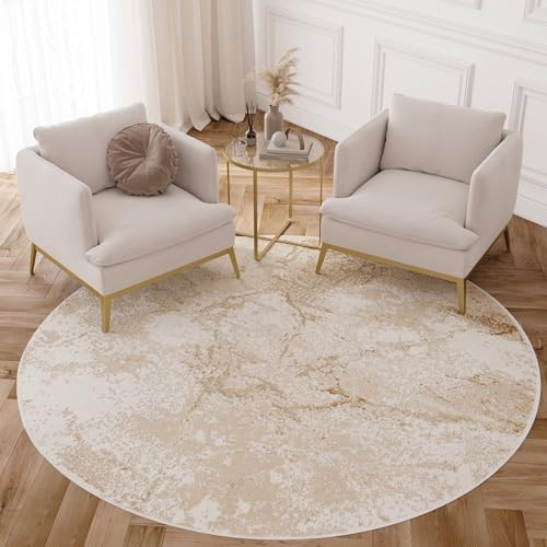 TAPISO Crystal Rund Teppich Kurzflor Glänzend Braun Beige 100 x 100 cm | Marmoreffekt 3D Effekt Wohnzimmer Schlafzimmer Modern Design OEKO-TEX