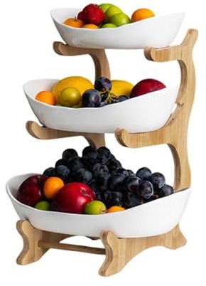 KMQRDZi Cuenco triple para frutas, frutero que ahorra espacio, cuenco para aperitivos, fruta, fruta, hogar, soporte de madera, cuenco de almacenamiento para verduras, frutas y aperitivos (blanco,