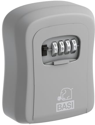 BASI | Schlüsselsafe aus Aluminium | 4-stellige einstellbare Zahlenkombination | Wetterfest | Schlüsseltresor | Schlüsselbox mit Zahlencode | Für Innen- und Außenbereich | Farbe Grau
