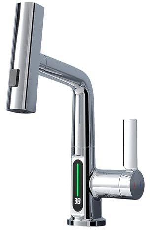 Wasserhahn Küche Ausziehbar, Wasserhahn Küche mit LED Temperaturanzeige, Küchenarmatur 360° Schwenkbar, 3 Wasserstrahlmodi, Einhebel Mischbatterie, Wasserfallarmatur für Küche, Bad