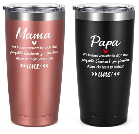 Livole Lustige Geschenke für Eltern, Mama, Papa, Weihnachtsgeschenke für Mutter Vater von Tochter, Eltern Geschenk Set Muttertag Vatertag, Mama Papa Tasse, 20oz Isolierter Thermobecher to go, 2 Stück