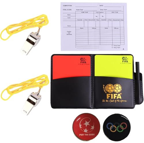 Schiedsrichter Set, Schiedsrichter Karten, Mit 2 Metall Schiedsrichter Pfeife Mit Rot Gelb Schiedsrichter Karte Mit Punktebuch, Mit 2 Münzwürfen für Fußballspiel Schulsport Sport