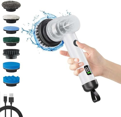 aichilra Electric Scrubber, Handheld Cleaning Brush with 7 Replaceable Brush Heads and 3 Adjustable Speeds, Spin Scrubber with LED Display for Cleaning Bathroom Kitchen Tile Tub Floor and car