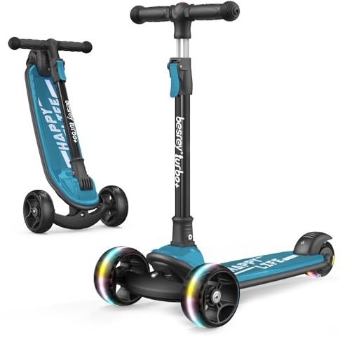 besrey sparkcykel för barn i åldern 3–10 år, 3-hjulig skoter för barn med justerbar höjd, vikbar barnvagn med LED-ljusrullar, bakhjulsbroms, extra brett däck,